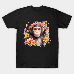 A baby chimpanzee decorated with beautiful watercolor flowers T-Shirt